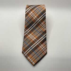 STAFFORD TAILORED CULTURE TIE 100% SILK ORANGE BLUE WHITE PLAID 59 X 3